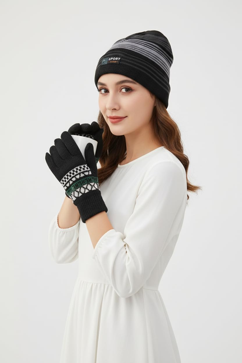 Winter Woolen Cap & Gloves Set for Kids/Boys/Girls | Warm Knitted Beanie with Matching Gloves (Grey) 1