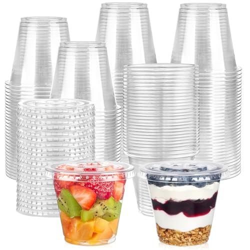 Jycnolm [100 Sets 9 oz Clear Plastic Fruit Cups with Lid No Hole Disposable Plastic Cups with Lids for Yogurt Parfait Pudding Dessert Cake Ice Cream Snack Cup Party Supplies