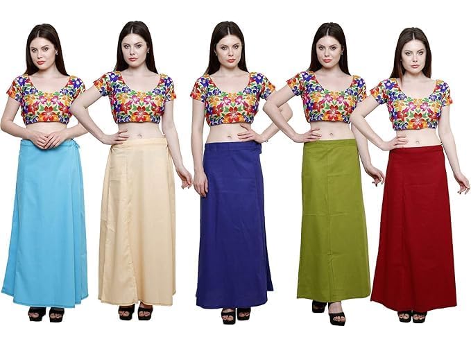 Image of Vlazom Women's Cotton Saree Petticoat - Pack of 5 Inskirts | Soft & Breathable Underskirts | Adjustable Drawstring Waist | Multicolor for Daily & Occasion Wear