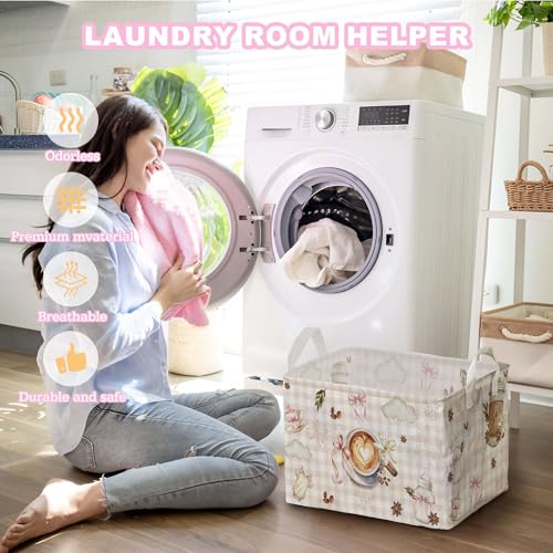 Image of A Baby Is Brewing Baby Shower Decorations,Pink Coffee Storage Baskets,Coffee Nursery Decor,Large Square Canvas Laundry Hamper With A Waterproof PE Coating, Foldable Kids Toy Clothes Bins for Bedroom