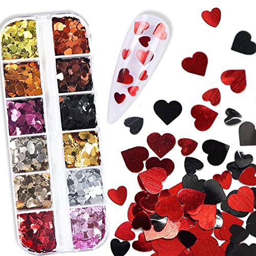 Heart Nail Glitter Sequins Valentine's Day Nail Art Stickers Decals 12 Colors Metal Reflective Holographic 3D Laser Heart Glitter For Nails Heart Flakes Acrylic Nails Design Nail Glitter Decoration #TOP11