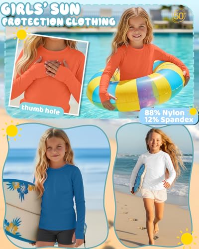 Image of 3 Pack Girls Rash Guard Swim Shirts 5-14Y UV Sun Protection Long Sleeve Thumb Hole Quick Dry T-Shirts UPF 50+ Tees