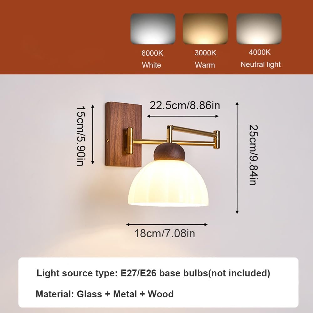 Lampy Ścienna Ramię Obrotowe Vintage Szklana Kopuła, Kinkiet Podstawa Drewno Styl Rustykalny Regulowany Oświetlenie Ścienne Sypialnia(18cm/7.08in)