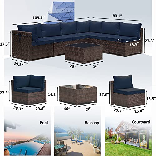 Halmuz Outdoor Patio Set The New 7 Piece Patio Sectional Sofa Have Pe Wicker Patio Sofa With Thickened Cushions And Coffee Table (Navy Blue) #TOP2