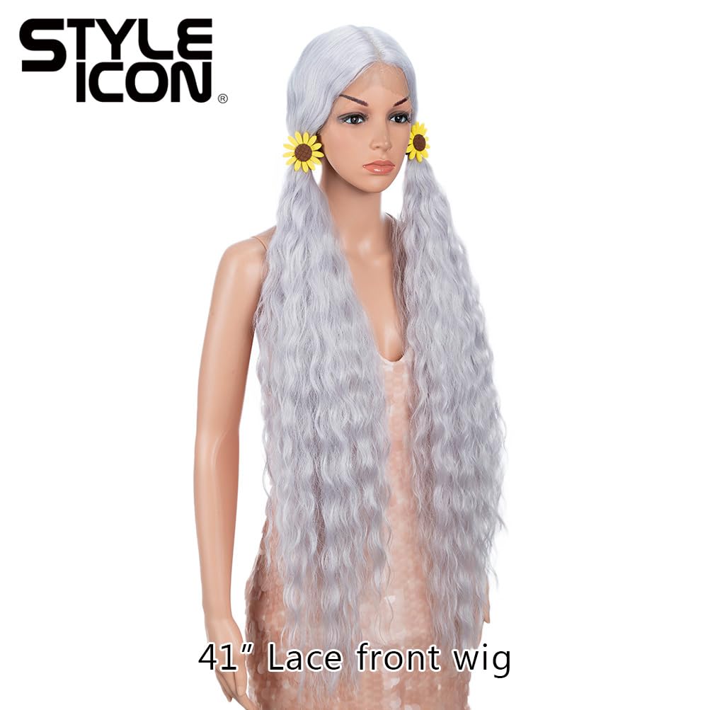 Style Icon 41" Lace Front Wigs Long Wavy Synthetic Wigs with Baby Hair Silver Grey Bohemian Style Half Hand Tied 130% Density Wigs (41", THISTLE)