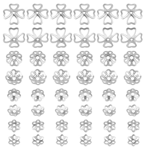 PH PandaHall 48pcs 925 Sterling Silver Bead Caps, 4 Styles Flower Bead End Caps Multi-Petal Spacer Beads Caps Filigree End Charm Caps Bails for DIY Earring Braceket Necklace Jewelry Making