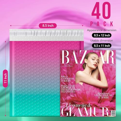 Image of Fuxury Bubble Mailers 8.5x12 inch 40 Pack Padded Envelopes Usable Size 8.5x11 inch | Gradient PinkGreen,#2 bubble envelopes,waterproof self seal mailer thick cushioning for jewelry,makeup,cards,small business