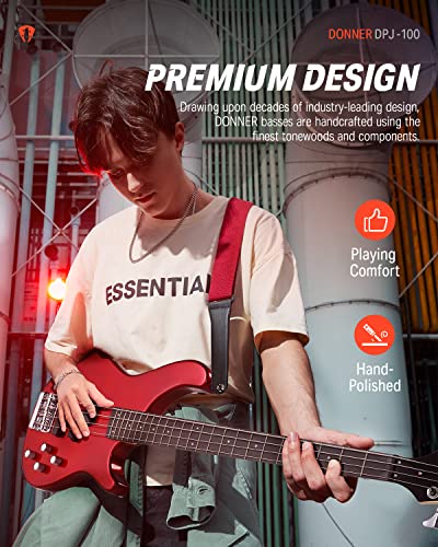 Donner Electric Bass Guitar 4 Strings Full-Size Standard Bass PJ-Style Electric Bass for Adults with Free Online Lesson,Gig Bag Guitar Strap and Guitar Cable Included, DPJ-100, Red