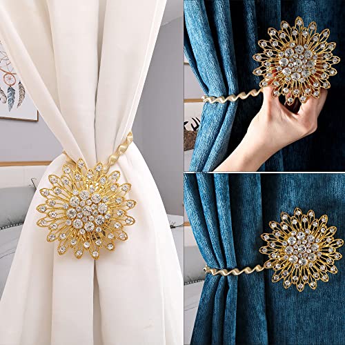 Furijing Magnetic Curtain Tiebacks Sparkling Flower Window Curtain Bind Holdback Buckles Clips Tie Backs Drapery Holders With Stretchable Spring Wire Rope For Decoration- Fwf003-Gold- 2 Pack #TOP5