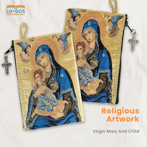 Image of Catholic Rosary Pouch, Saint Joseph and Baby Jesus & Madonna and Child, 4 inch x 6 inch Jewelry & Coin Purse with Cross, Small Woven Tapestry Icon Bag, Bolsa de Rosario Catolico para Joyeria
