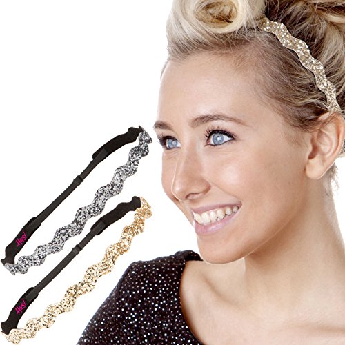 Hipsy Adjustable NO Slip Bling Glitter Forehead Headbands for Women Girls & Teens (Wave Gunmetal & Gold 2pk)