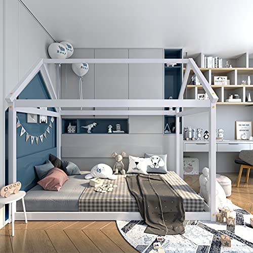 Komfott Twin House Bed Frame For Kids, Solid Wood Kids Platform Floor Bed With Roof & Multiple Slats, Toddler Floor Tent Bed Frame For Girls Boys, No Box Spring Needed (White) #TOP1