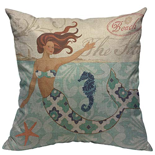 oFloral Mermaid Pillow Case Mediterranean Sea Animal Theme Throw Pillow Cover Cotton Linen Pillowcase Square Cushion Cover Home Sofa Bedroom Decorative 18"X18" Pillow Shams Blue Yellow Brown