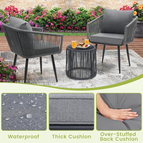Image of Kromax 3-Piece Patio Rattan Bistro Conversation Set, Grey | Outdoor All-Weather Wicker Furniture Chairs and Side Table Set, Ideal for Balcony, Porch and Backyard