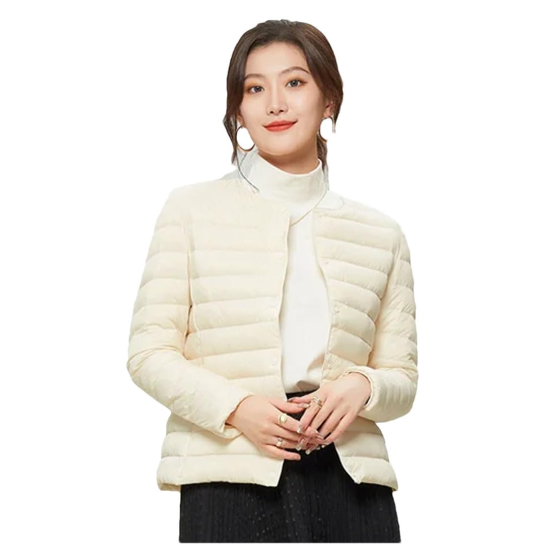 Piumino da donna leggero e caldo, piumino d'anatra, cappotto da ufficio beige bianco M, Beige e bianco., M