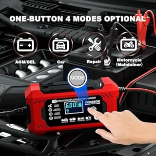 COREBOX Chargeur de batterie 6 A 12 V Chargeur de batterie de voiture Chargeur intelligent 12 V, chargeur de maintien, mainteneur de batterie Désulfateur avec compensation de température pour voiture