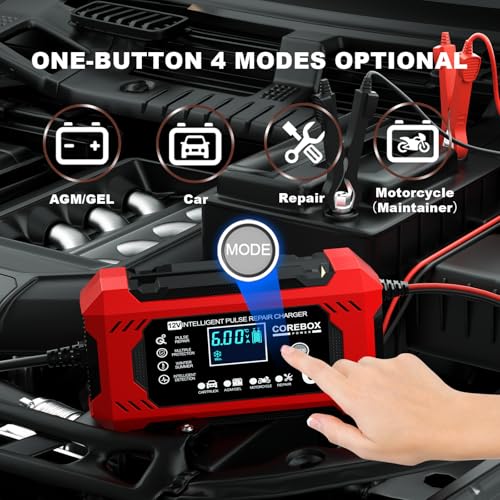 Image of COREBOX Battery Charger 6-Amp 12V Car Battery Charger Chargeur Intelligent 12V, Trickle Charger, Battery Maintainer Desulfator with Temperature Compensation for Car Motorcycle Truck Lawn Mower (Red)