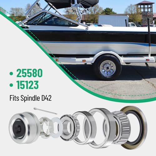Image of 2 Sets 25580 15123 Boat Trailer Axles Bearing Kit | with Grease Seals, Spindle Nuts, 2.72 inch Dust Caps and Rubber Plugs, Cotter Pins for 5200-6000 lb.Tandem Axles #D42 Spindle
