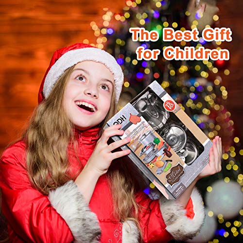 QDH Play Kitchen Accessories Kids Kitchen Pretend Play Toys with Stainless Steel Cookware Pots and Pans Set for Toddlers Cooking Utensils Apron and Cutting Play Food for Girls Boys Educational Tool - Thumbnail 6