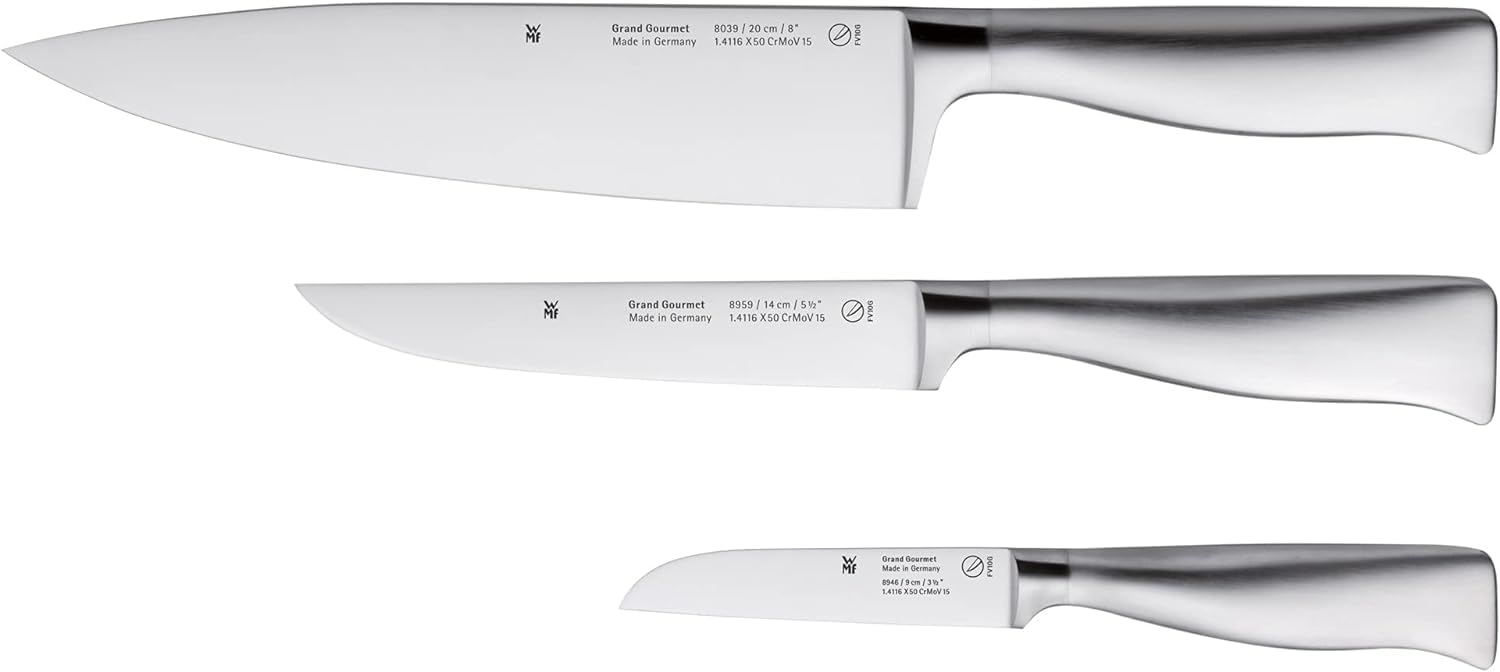 WMF Grand Gourmet Messerset 3teilig Made in Germany, 3 Messer geschmiedet & Grand Gourmet Brotmesser Wellenschliff 32 cm, Made in Germany, Brötchenmesser, Messer geschmiedet, Klinge 19 cm