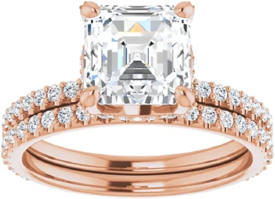 10K/14K/18K Solid Rose Gold Handmade Engagement Ring, 2.00 CT Asscher Cut Moissanite Solitaire Ring, Diamond Wedding Ring Set for Women/Her, Anniversary/Propose Ring, VVS1