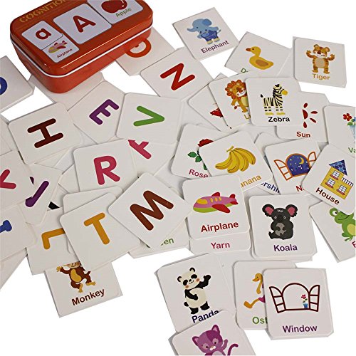 Baby Infant 56pcs Flash Card Jigsaw Cognition Puzzle Cartoon Story Alphabet Matching Cognitive Learning Early Education Card Learning Toys in a Box (Alphabet Cognition)