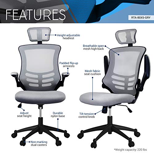 Modern High Back Mesh Executive Chair With Headrest And Flip Up Arms. Color: Silver Grey #TOP6