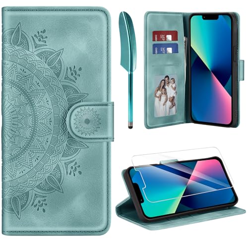 ivencase Lederhülle für iPhone 13 14 Hülle und Schutzfolie Premium Klappbar Handyhülle Flip Wallet [Kartenfach] [PU Leder] [Ständer] Schutzhülle Kompatibel mit iPhone 13/14 6.1 Zoll Grün