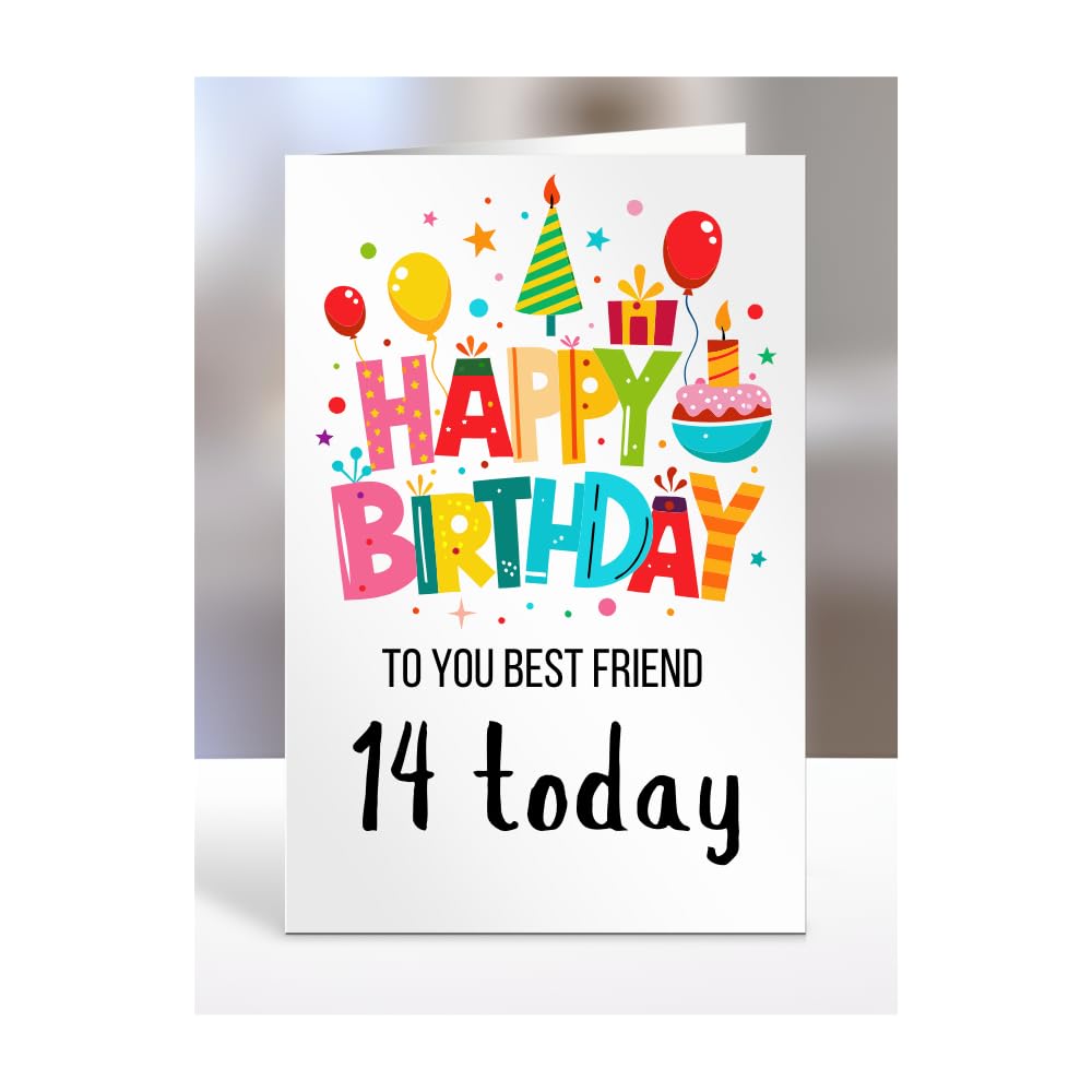 14th birthday card for Best Friend, gifts for girl, girls, boy, boys, gift, presents, female, male, him, her, Happy birthday to you, 14 years old today, A5-162n_2 — image 1