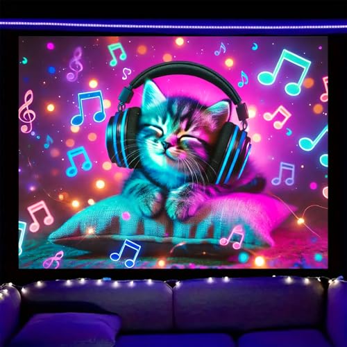 Image of Nuxovilar Neon DJ Cat Wall Tapestry Polyester 59.05x39.37 In | Glow Poster Trippy Wall Art Music Decor UV Backdrop Living Room Bedroom Lounge Space Room (Cute DJ Cat Scene)