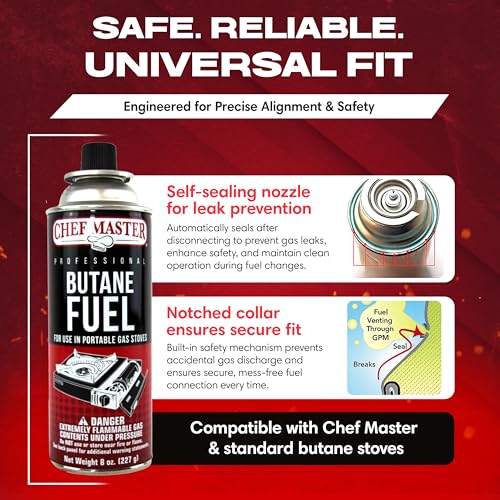 Chef Master 4x 8oz Butane Fuel Canister - Butane Refill for Kitchen Torch & Camp Stove - Gas Canister for Picnics, Outdoor Cooking, Grilling - Camping Stove, Torch Fuel Camping Essentials - 90340 - Image 4