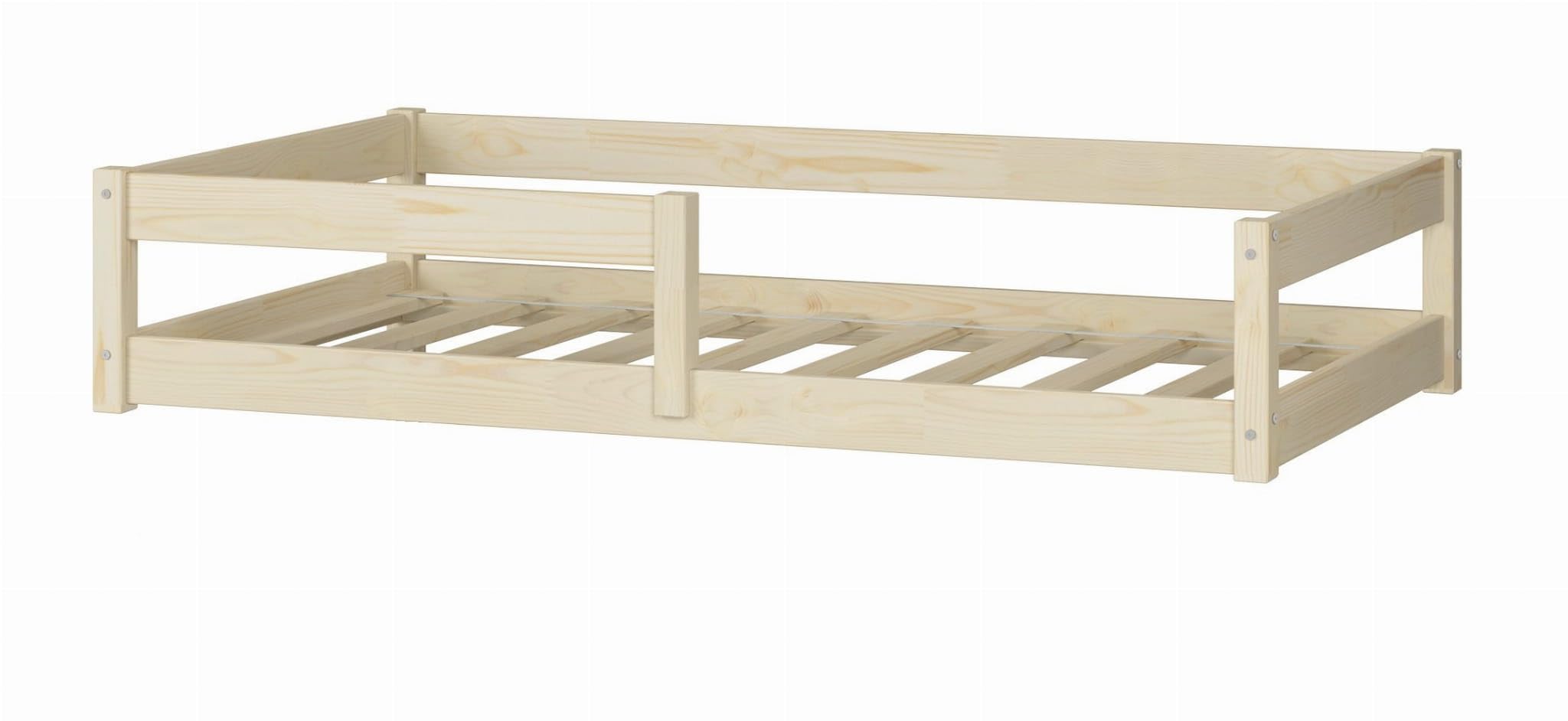 KOBI Letto per bambini 120x60 cm, con ringhiera - Letto da pavimento Nordi in legno di pino naturale