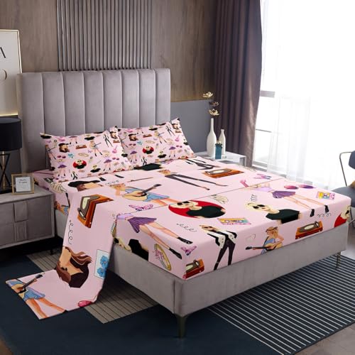 jejeloiu Music Bedding Set Twin Size Girls Singer Bed Cover Gifts for Women Music Lovers Girly Guitar Bed Sheets Set Coworker Sister Friends Bed Set with Deep Pocket Fitted Sheet Pink Room Decor