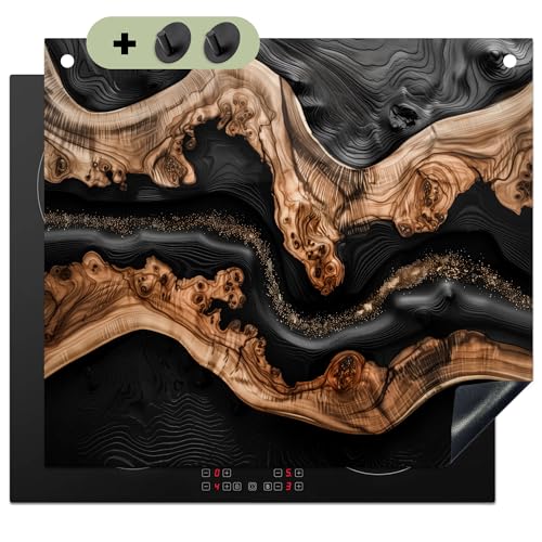 KitchenYeah© Herdabdeckplatte Einteilig 60x52 cm Küche Ceranfeld Abdeckplatte Cerankochfeld Abdeckung Induktionskochfeld Schutzmatte, Spritzschutz Küche Deko Schwarz - Holz - Kunstharz - Fluss