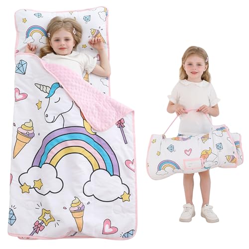 Image of Viviland Toddler Kid Nap Mat for Preschool, White Unicorn Slumber Bag, Daycare Bag with Pillow and Blanket, Kindergarten Mat