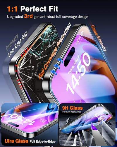 Image of LK 3 Pack for iPhone 15 Pro Screen Protector [Auto-Dusting 0 Bubble] Military Grade Shatterproof, Full Coverage HD Ultra Tempered Glass Screen Protector for 15 Pro [One-Pull Install] Anti-Scratch
