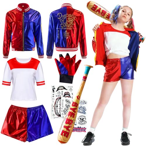 DUOLAM Disfarce Cosplay Quinn meninas: Disfarce de Suicide Squad esquadrão Cosplay Set com t-shirt casaco calções e luvas bastão insuflável para Halloween Natal carnaval crianças palhaço (130)