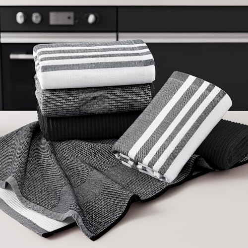 Image of Homaxy Premium Kitchen Towels(18 inchx 28 inch, 9 Pack), Large Cotton 380 GSM Kitchen Hand Towels, Soft and Absorbent Terry Dish Towels, Multipurpose Tea Towel Set with Hanging Loop, Black