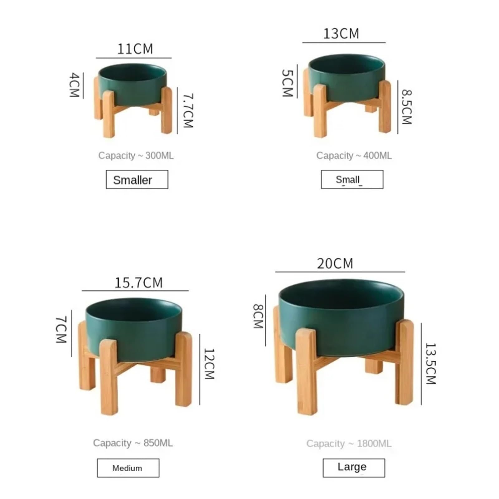 1500ml miska dla dużych psów podwójna ceramiczna podwyższona karma dla zwierząt domowych małe średnie duże artykuły do ​​karmienia psów z drewnianym stojakiem(Green,15.5cm 850ML)