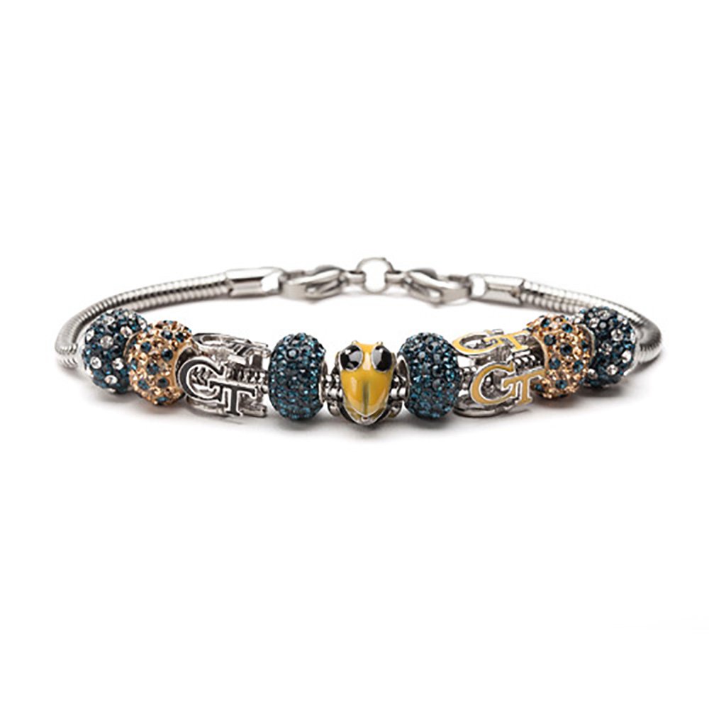 Stone ArmoryGeorgia Tech Bracelet | GT Yellow Jackets - 3 Georgia Tech Beads with 6 Cyrstal Charms | Officially Licensed Georgia Tech Jewelry | GT Gifts | Georgia Tech Charms | GT Charms | Stainless Steel