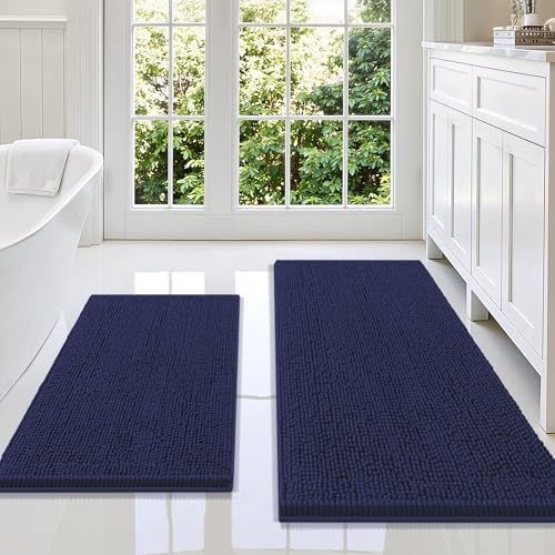 Image of Smiry Bathroom Rugs Sets 2 Piece, Soft Absorbent Chenille Machine Washable Non Slip Shaggy Bath Rug Set for Tub, Shower, and Floor (47x20+30x20, Navy Blue)