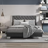 Giantex Upholstered Bed Frame, Modern Platform Bed w/Button Tufted Velvet Headboard, Full Size Bed Frame, Solid Slats Support Mattress Foundation, No Box Spring Needed, Easy Assembly, Grey