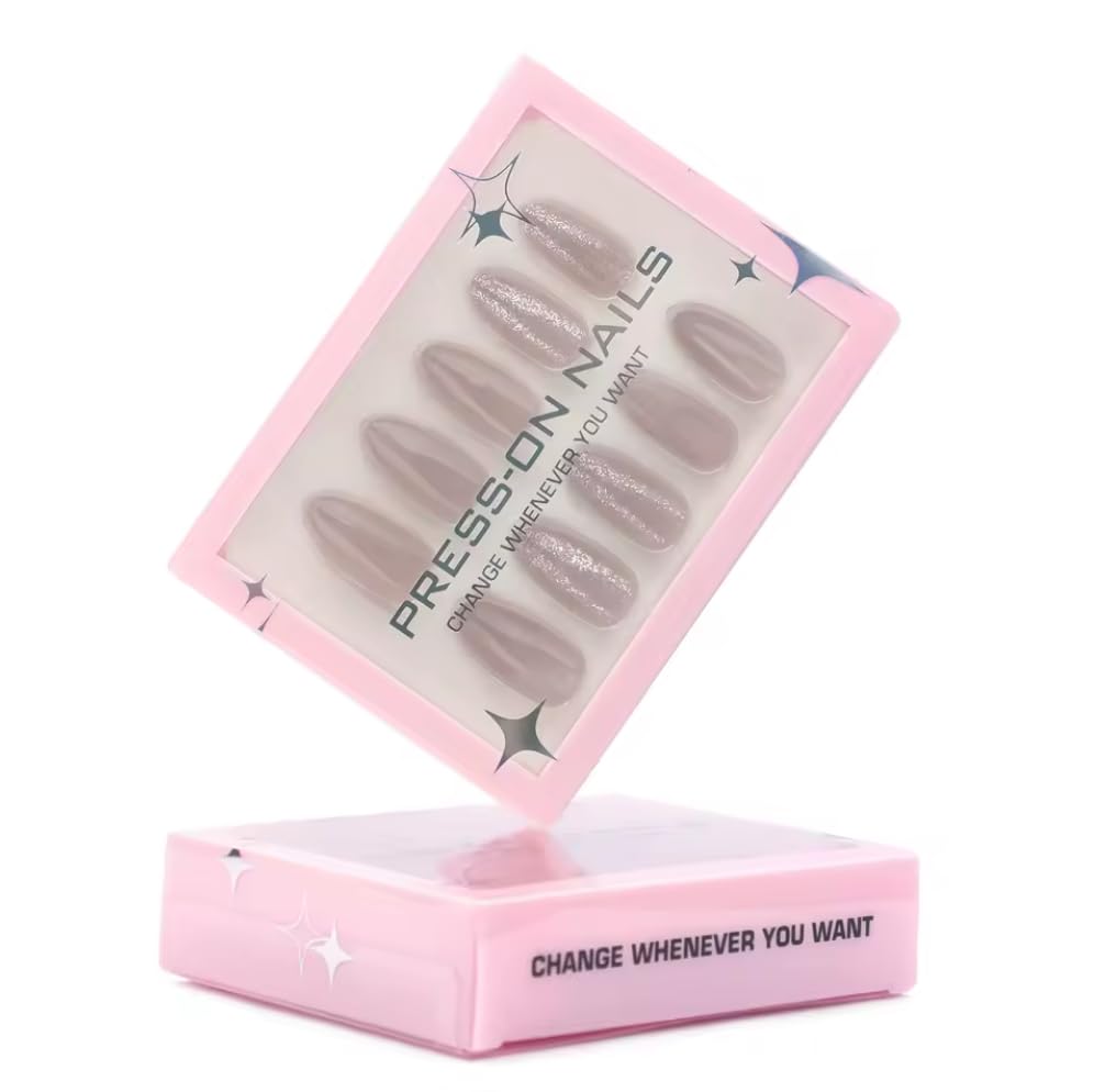 30PCS Press-On Nails – Short Almond Shape, Sparkling gray color Acrylic Finish – Minimalist High-End False Nails (GD33)
