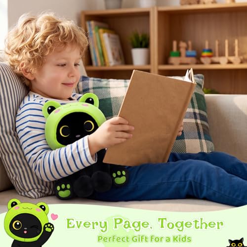 Image of Frog Plush Toy, Cute Black Cat Plush with Removable Frog Hat, 8 inch Soft Plushie Cute Stuffed Animal Pillow for Kids, Birthday Gift for Boys and Girls and Adults