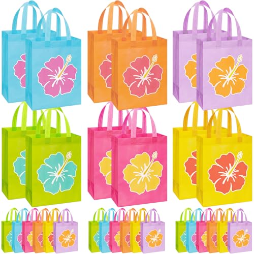 SilTriangle 30 Pcs Summer Hawaiian Party Favors Gift Bags Bulk, Large Reusable Non Woven Hibiscus Luau Pool Party Goodie Bags with Handles for Beach, Birthday, 12.6x9.8x4.4 Inch