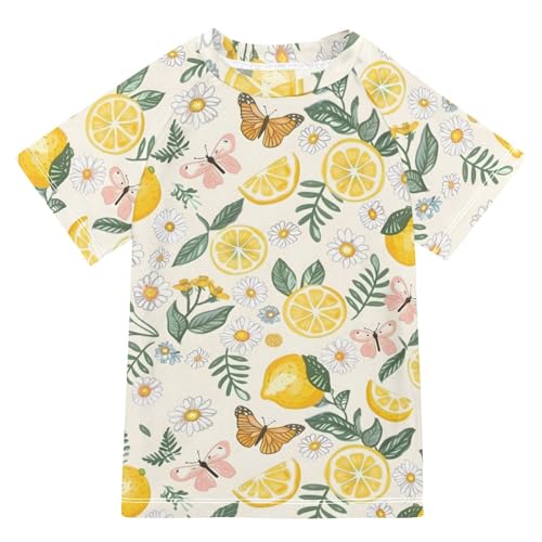 ALAZA Kids Rash Guard Toddler Swim Shirt Boy Girls Yellow Lemons Flowers UPF 50+ Short Sleeve 4T
