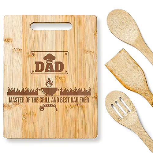 Product Image of the KITCHENVOY Dad Cutting Board Master of the Grill and Best Dad Ever - Dad Gifts on Birthday - Engraved Bamboo Cooking Board Gift Set for Papa, Stepfather, Godfather - Gifts for Dads from Daughter