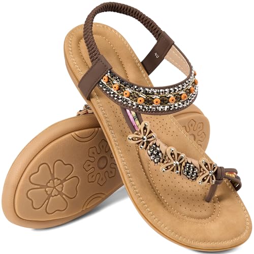 Image of Ablanczoom Flat Sandals for Women Summer: Casual Boho Beaded Toe Ring Dress Shoes - Comfortable Vacation Daily Walking Shoes