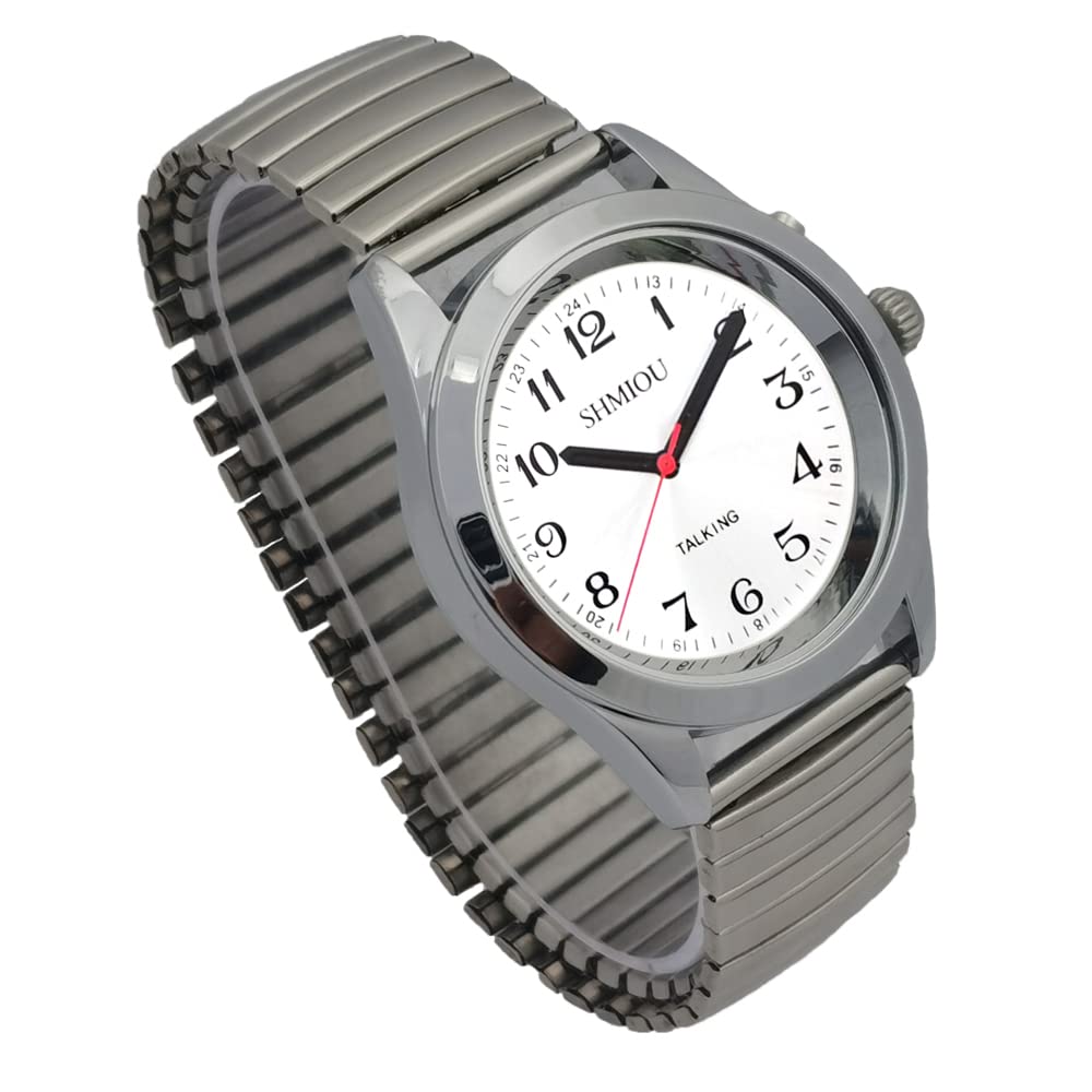 Montre parlante français pour Unisexe malvoyant Voix Forte Aiguilles Longues avec Bracelet Extensible en Acier Inoxydable argenté Montre-Bracelet à Quartz