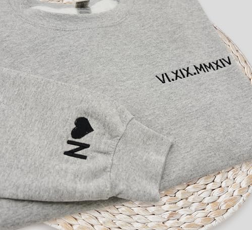 NACRE APPAREL Roman Numeral Sweatshirt Cutom Matching Embroidered Date Initial Sleeve Couples' Gifts Hoodie Engagement3